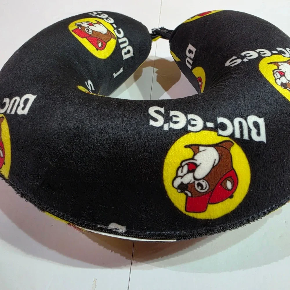 Buc-ee's Beaver Logo Travel Neck Pillow Black Plush Snap Closure Texas Souvenir